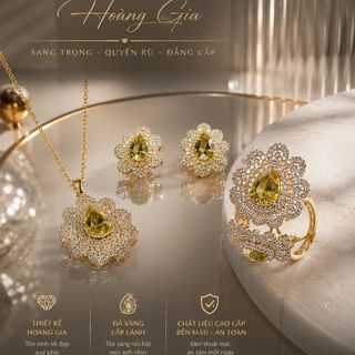 Set trang sức nữ đá giọt lệ ánh kim viền hoa sang trọng Set Ánh Kim Hoàng Gia