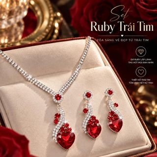 Set trang sức nữ ruby đỏ trái tim viền đá sang trọng Set Ruby Trái Tim