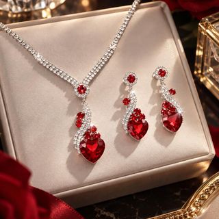 Set trang sức nữ ruby đỏ trái tim viền đá sang trọng Set Ruby Trái Tim