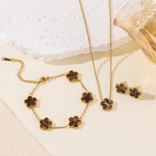 Set trang sức nữ cỏ bốn lá đá hổ phách tone vàng thanh lịch Set Cỏ Bốn Lá Hổ Phách