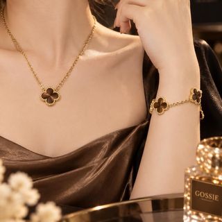 Set trang sức nữ cỏ bốn lá đá hổ phách tone vàng thanh lịch Set Cỏ Bốn Lá Hổ Phách