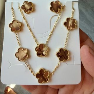 Set trang sức nữ cỏ bốn lá đá hổ phách tone vàng thanh lịch Set Cỏ Bốn Lá Hổ Phách
