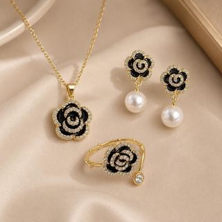 Set trang sức nữ hoa trà đen ngọc trai sang trọng Set Hoa Trà Đen