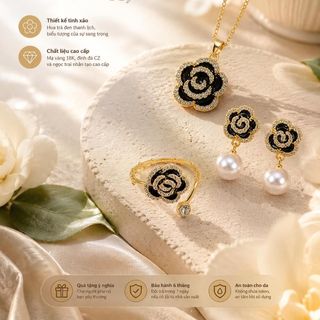 Set trang sức nữ hoa trà đen ngọc trai sang trọng Set Hoa Trà Đen