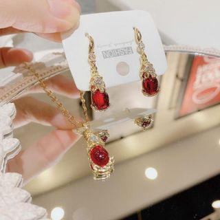 Set trang sức nữ đá đỏ dáng oval viền đá sang trọng Set Hồ Ly Đỏ
