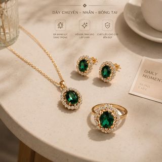 Set trang sức nữ đá xanh ngọc viền đá tone vàng sang trọng Set Xanh Ngọc Hoàng Gia