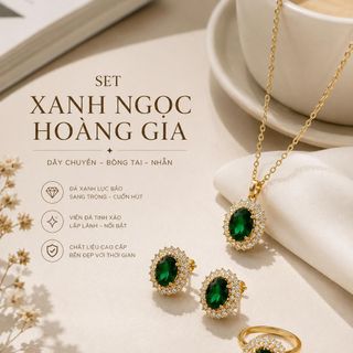 Set trang sức nữ đá xanh ngọc viền đá tone vàng sang trọng Set Xanh Ngọc Hoàng Gia