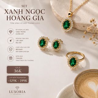 Set trang sức nữ đá xanh ngọc viền đá tone vàng sang trọng Set Xanh Ngọc Hoàng Gia