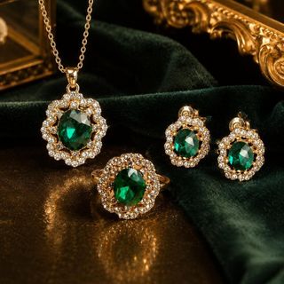 Set trang sức nữ đá xanh ngọc viền đá tone vàng sang trọng Set Xanh Ngọc Hoàng Gia