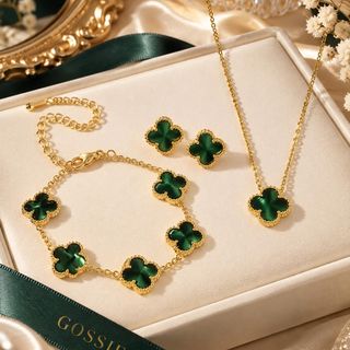 Set trang sức nữ cỏ bốn lá xanh huỳnh quang phối dây chuyền, bông tai và vòng tay sang trọng Set Cỏ Bốn Lá Xanh Huỳnh Quang