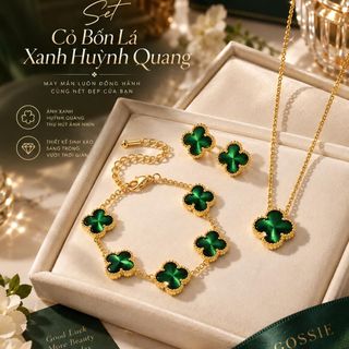 Set trang sức nữ cỏ bốn lá xanh huỳnh quang phối dây chuyền, bông tai và vòng tay sang trọng Set Cỏ Bốn Lá Xanh Huỳnh Quang
