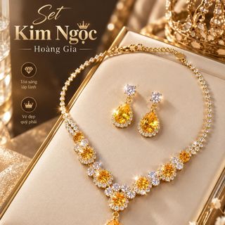 Set trang sức nữ đá vàng giọt lệ viền đá sang trọng Set Kim Ngọc Hoàng Gia