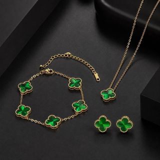 Set trang sức nữ cỏ bốn lá xanh huỳnh quang phối dây chuyền, bông tai và vòng tay sang trọng Set Cỏ Bốn Lá Xanh Huỳnh Quang