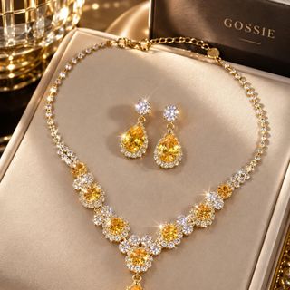 Set trang sức nữ đá vàng giọt lệ viền đá sang trọng Set Kim Ngọc Hoàng Gia
