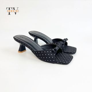 Dép cao gót nữ size 35–43 quai bản nơ chấm bi gót 5cm mũi vuông HN3146 – sỉ từ 5 đôi/màu