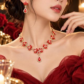 Set trang sức nữ ruby đỏ giọt lệ đính đá sang trọng Set Ruby Nữ Hoàng Đỏ