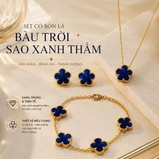 Set trang sức nữ cỏ bốn lá đá xanh thẫm tone vàng sang trọng Set Cỏ Bốn Lá Bầu Trời Sao Xanh Thẫm
