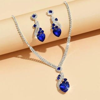 Set trang sức nữ đá xanh sapphire trái tim viền đá sang trọng Set Sapphire Tình Yêu