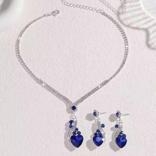Set trang sức nữ đá xanh sapphire trái tim viền đá sang trọng Set Sapphire Tình Yêu