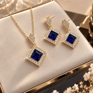 Set trang sức nữ đá xanh sapphire vuông viền đá sang trọng Set Sapphire Hoàng Gia