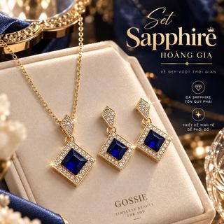 Set trang sức nữ đá xanh sapphire vuông viền đá sang trọng Set Sapphire Hoàng Gia