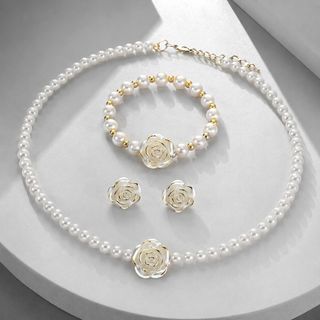 Set trang sức nữ ngọc trai phối hoa trà viền vàng sang trọng Set Ngọc Trai Hoa Trà
