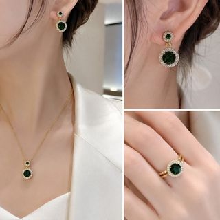 Set trang sức nữ đá xanh lục bảo viền đá sang trọng phong cách quý phái Set Hoa Lục Bảo