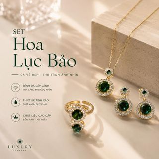 Set trang sức nữ đá xanh lục bảo viền đá sang trọng phong cách quý phái Set Hoa Lục Bảo