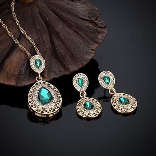 Set trang sức nữ đá xanh emerald giọt lệ viền đá tone vàng sang trọng Set Emerald Tear Hoàng Gia