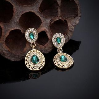 Set trang sức nữ đá xanh emerald giọt lệ viền đá tone vàng sang trọng Set Emerald Tear Hoàng Gia
