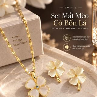 Set trang sức nữ mắt mèo cỏ bốn lá viền vàng thanh lịch Set Mắt Mèo Cỏ Bốn Lá