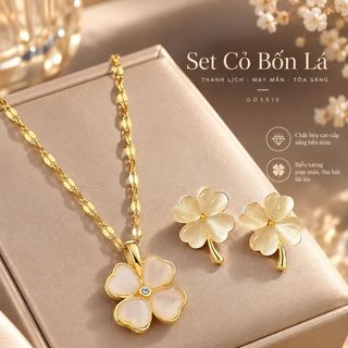 Set trang sức nữ mắt mèo cỏ bốn lá viền vàng thanh lịch Set Mắt Mèo Cỏ Bốn Lá