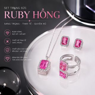 Set trang sức nữ đá ruby hồng chữ nhật viền đá sang trọng Set Ruby Hồng