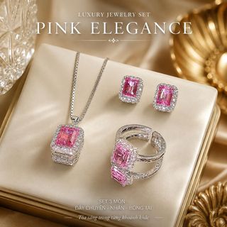 Set trang sức nữ đá ruby hồng chữ nhật viền đá sang trọng Set Ruby Hồng