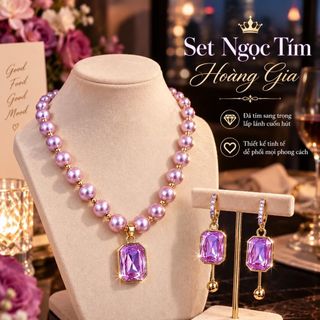 Set trang sức nữ ngọc tím phối chuỗi hạt sang trọng Set Ngọc Tím Hoàng Gia