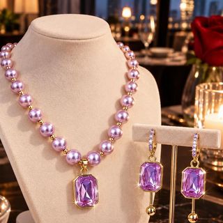 Set trang sức nữ ngọc tím phối chuỗi hạt sang trọng Set Ngọc Tím Hoàng Gia