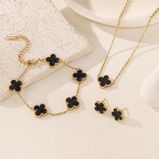 Set trang sức nữ cỏ bốn lá đen viền vàng sang trọng Set Cỏ Bốn Lá Thiên Thạch Đen