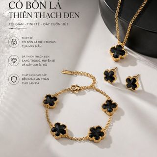 Set trang sức nữ cỏ bốn lá đen viền vàng sang trọng Set Cỏ Bốn Lá Thiên Thạch Đen