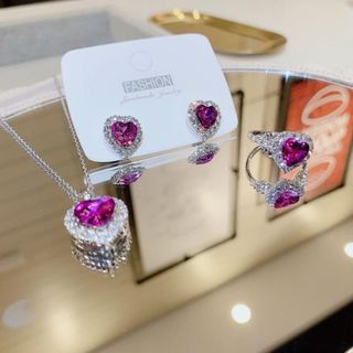 Set trang sức nữ đá tím trái tim viền đá sang trọng Set Thạch Anh Tím