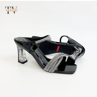 Dép cao gót đính đá nữ size 35–43 gót vuông 7cm mũi vuông da PU HN3147 – sỉ từ 5 đôi/màu