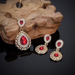 Set trang sức nữ đá ruby đỏ giọt lệ viền đá tone vàng sang trọng Set Ruby Nữ Hoàng