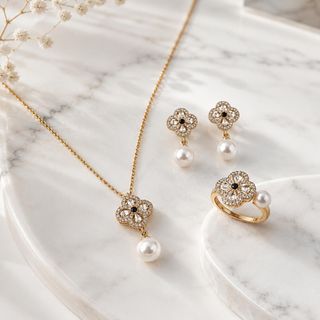 Set trang sức nữ ngọc trai hoa tứ diệp đính đá sang trọng Set Ngọc Trai Tứ Diệp