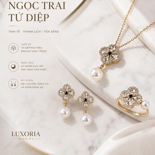 Set trang sức nữ ngọc trai hoa tứ diệp đính đá sang trọng Set Ngọc Trai Tứ Diệp