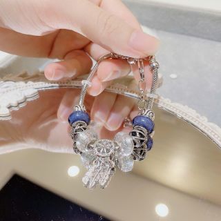 Vòng tay nữ charm xanh bạc đính đá phong cách Pandora sang trọng