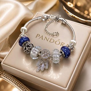 Vòng tay nữ charm xanh bạc đính đá phong cách Pandora sang trọng