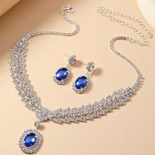 Set trang sức nữ lam ngọc xanh viền đá trắng sang trọng Set Hoàng Gia Lam Ngọc
