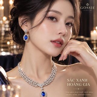 Set trang sức nữ lam ngọc xanh viền đá trắng sang trọng Set Hoàng Gia Lam Ngọc