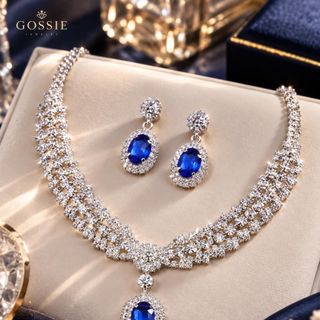Set trang sức nữ lam ngọc xanh viền đá trắng sang trọng Set Hoàng Gia Lam Ngọc