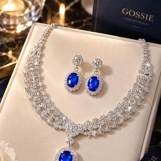 Set trang sức nữ lam ngọc xanh viền đá trắng sang trọng Set Hoàng Gia Lam Ngọc