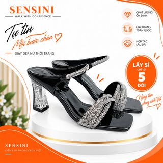 Dép cao gót đính đá nữ size 35–43 gót vuông 7cm mũi vuông da PU HN3147 – sỉ từ 5 đôi/màu